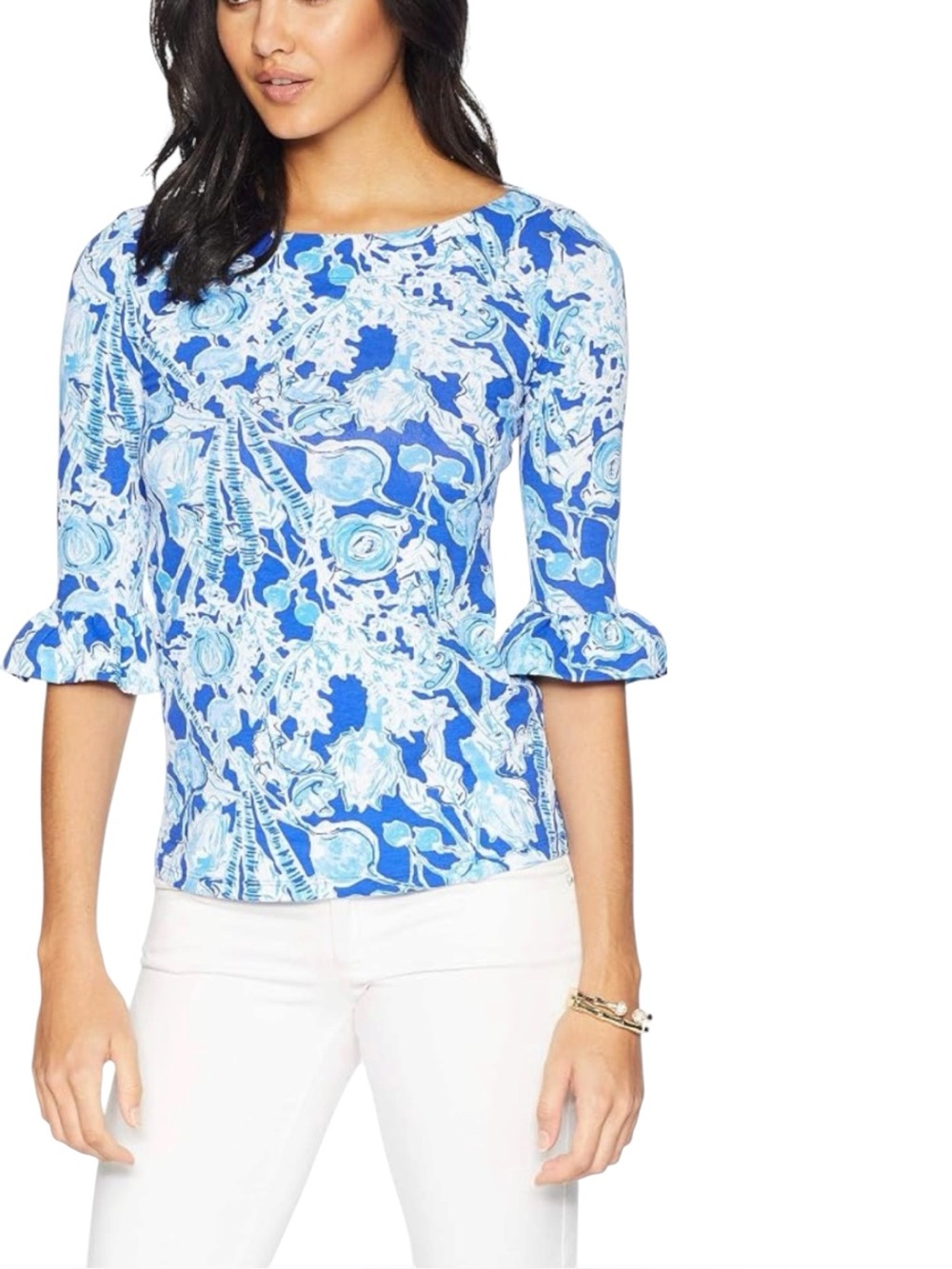 Lilly Pulitzer Blue and White Waverley Ruffled 3/4 Sleeve Blouse Top Size XXS